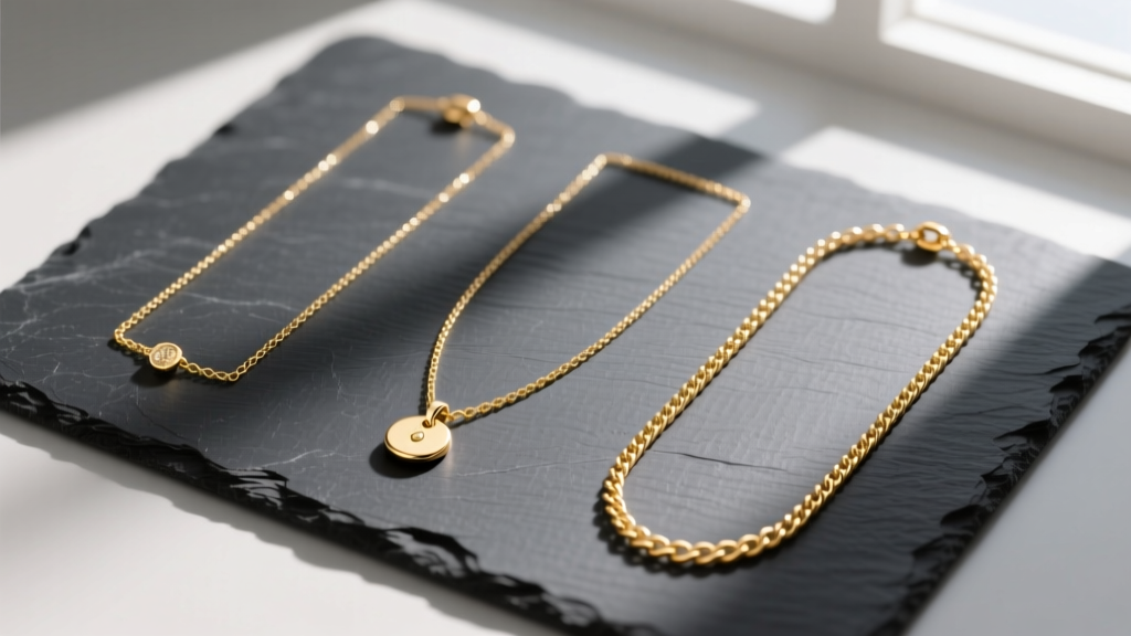 Overhead flat lay of gold necklaces measuring 14, 18, and 24 inches arranged neatly on a dark slate jewelry cleaning mat