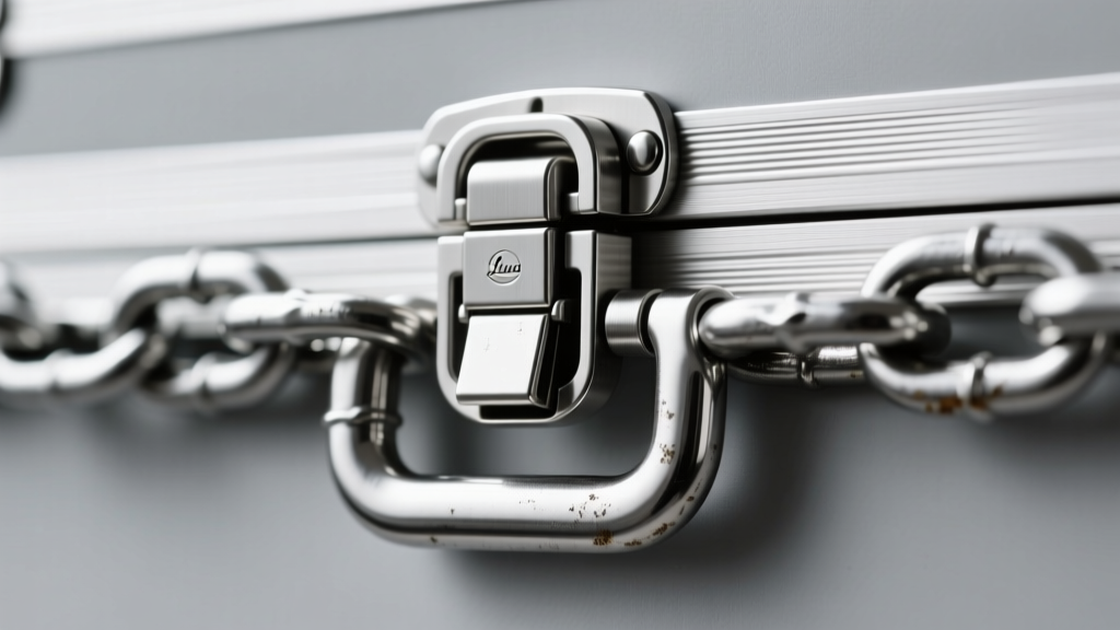 Extreme close-up of a heavy-duty stainless steel box clasp with dual safety latches attached to a thick 10mm flat curb chain