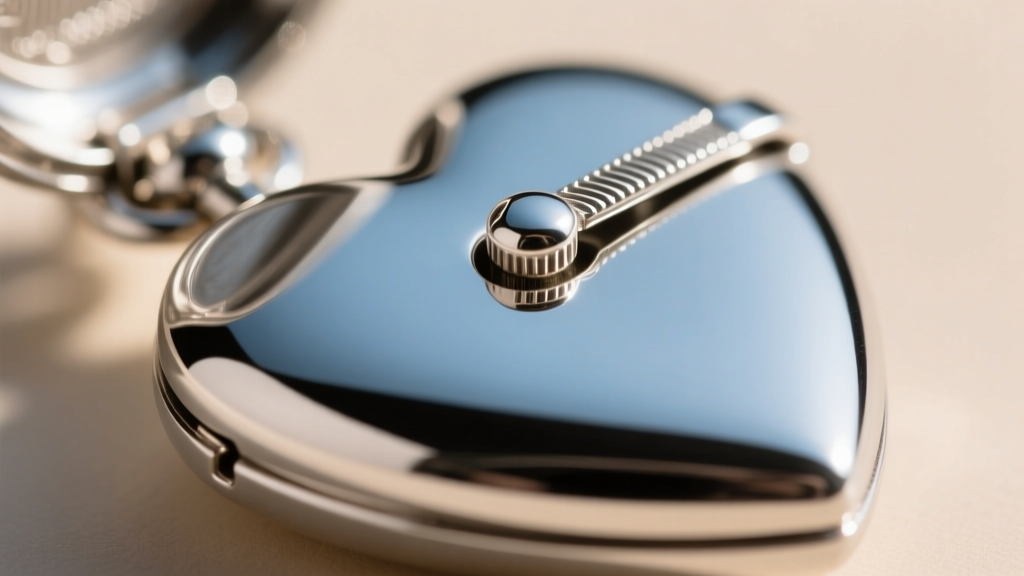 Macro shot of a sterling silver heart locket hinge and catch mechanism, highlighting rhodium plating and steel hinge pin detail
