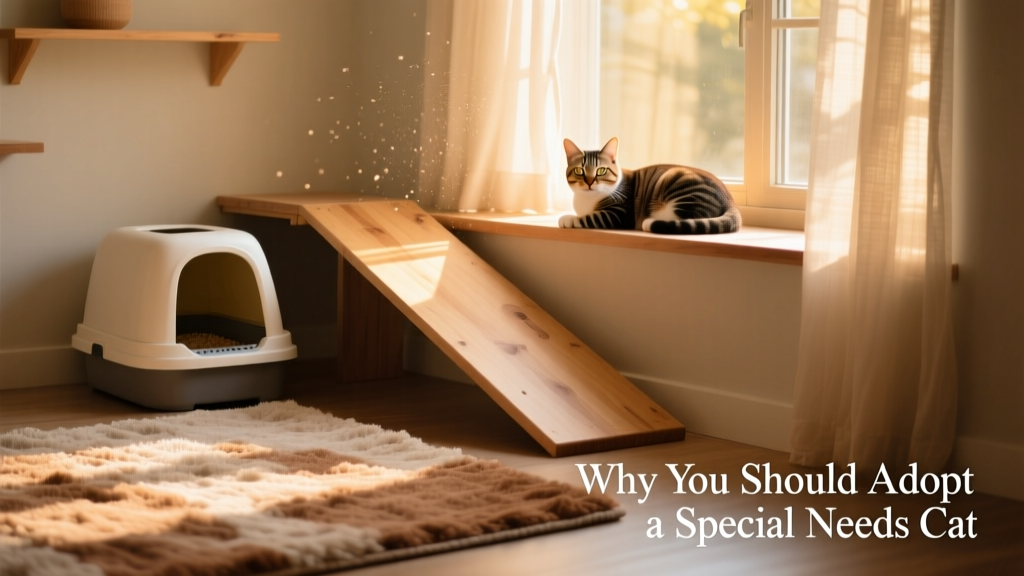 A cozy, adapted living space with low-entry litter box, soft rugs, and a ramp leading to a sunny window perch