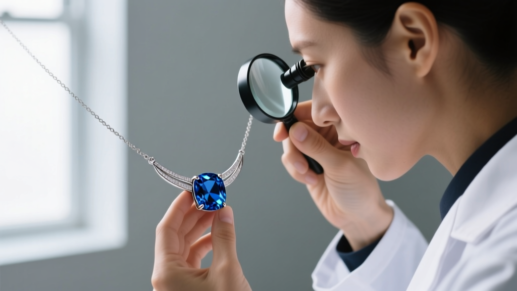 Jeweler inspecting a London blue topaz stone in a tennis necklace with a loupe, checking for inclusions and basal cleavage.