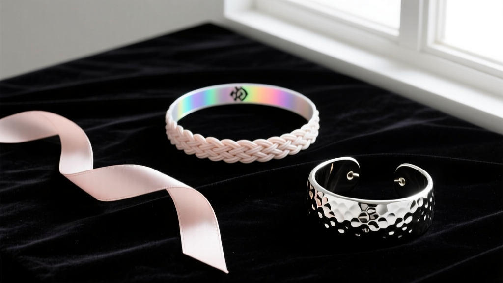 Flat lay on black velvet showing a thin silk ribbon, a woven plastic tattoo choker, and a thick hammered silver metal cuff choker