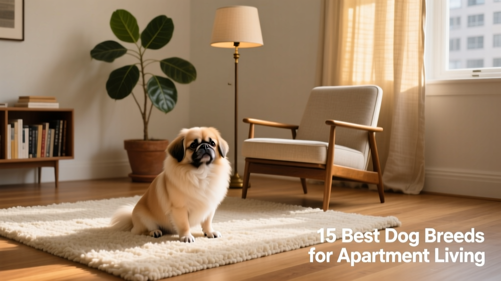 A Pekingese sitting calmly on a soft rug beside a reading chair and floor lamp in a tidy apartment living room