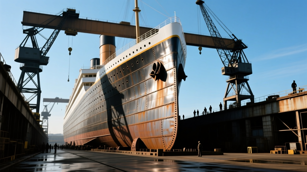 Steel hull of the RMS Titanic under construction at Harland and Wolff shipyard with giant gantry cranes and riveted plating