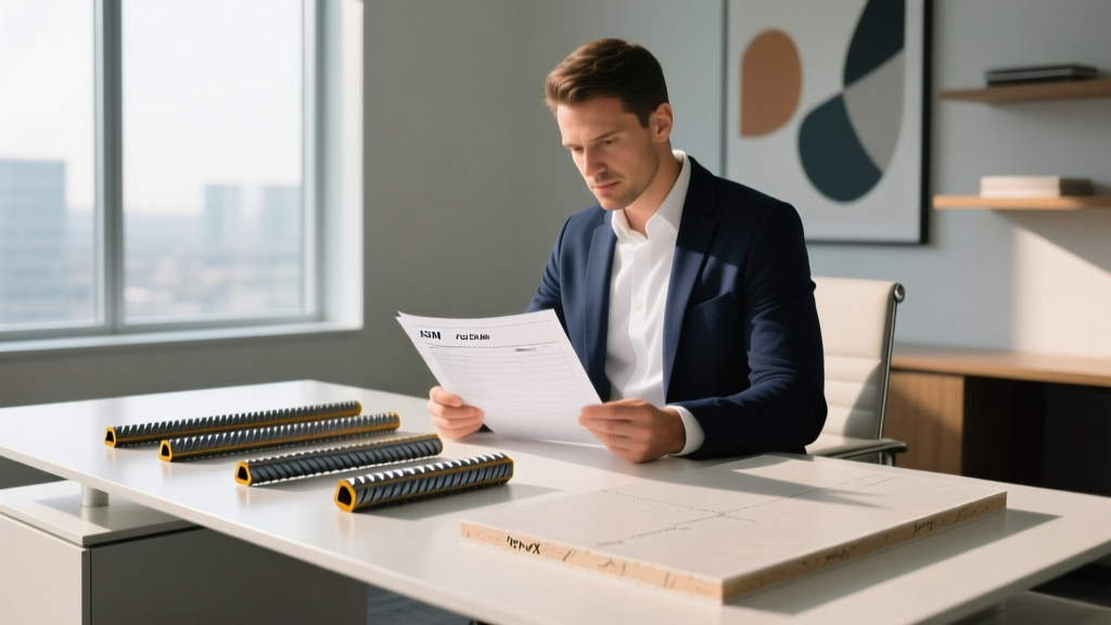 Structural engineer reviewing ASTM specification documents alongside samples of Grade 75 rebar and Type X drywall on a modern desk