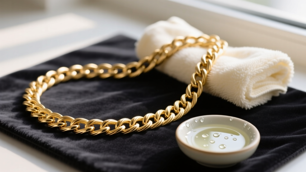 Close-up of an 18-inch 14k gold cable chain on a dark velvet mat, next to a soft polishing cloth and mild soap