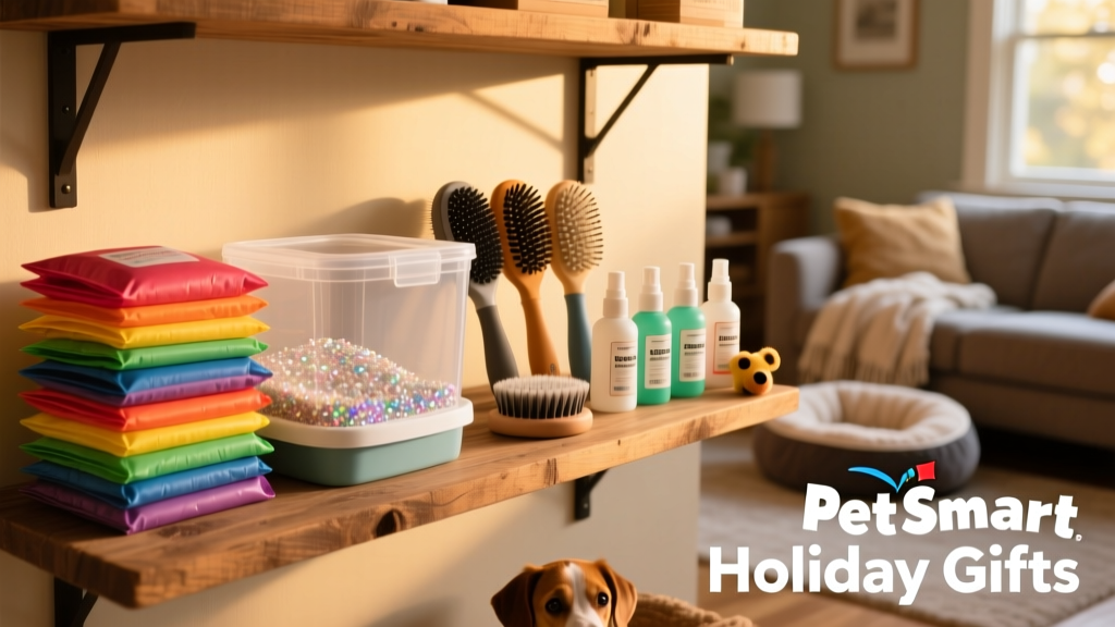 A neatly organized pet supply shelf with colorful poop bags, a box of crystal litter, grooming brushes, and cleaning sprays
