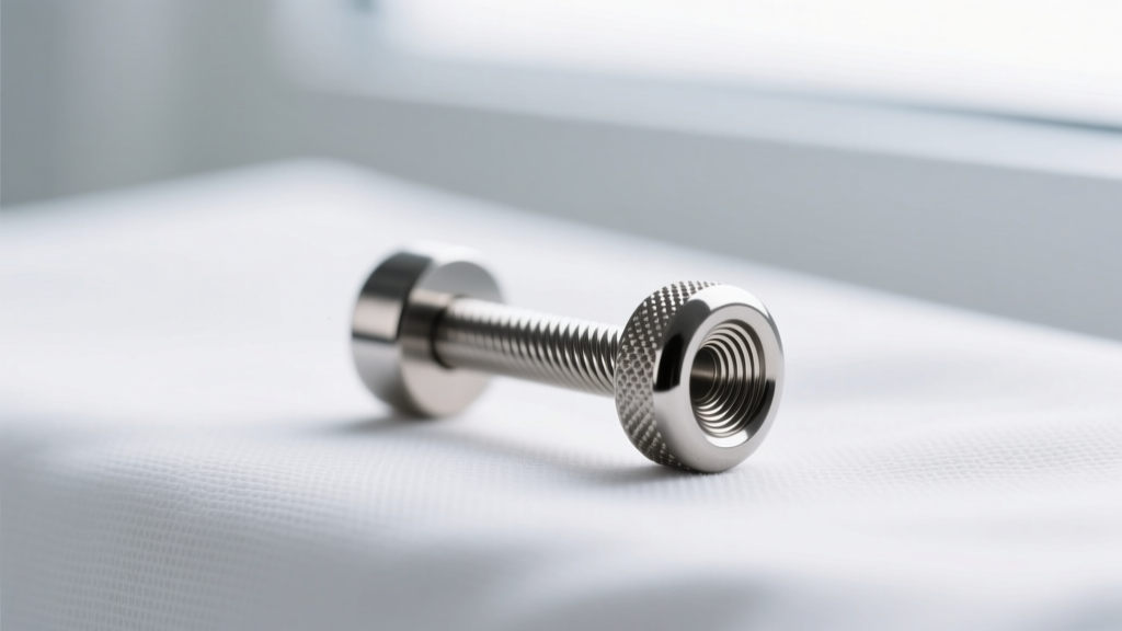 Macro shot of a 14-gauge titanium navel barbell on a sterile medical drape with soft clinical lighting highlighting the threading