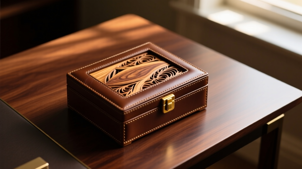 Top-down view of an open walnut and full-grain leather luxury mens jewelry box on a mahogany desk, lit by warm ambient light