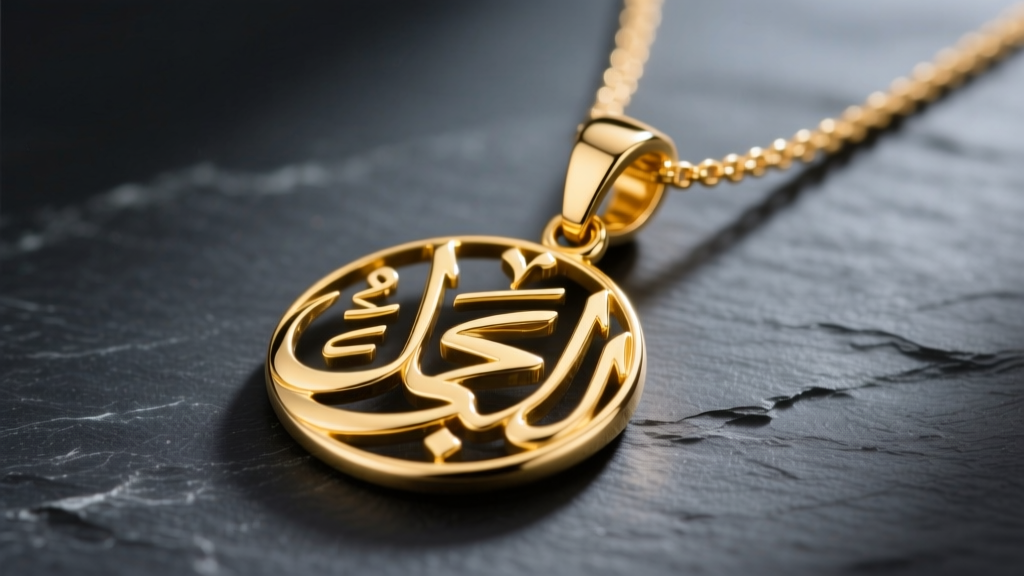 14k yellow gold Hamza pendant necklace on dark slate, showing sharp Arabic calligraphy curves and the connecting metal bail detail.