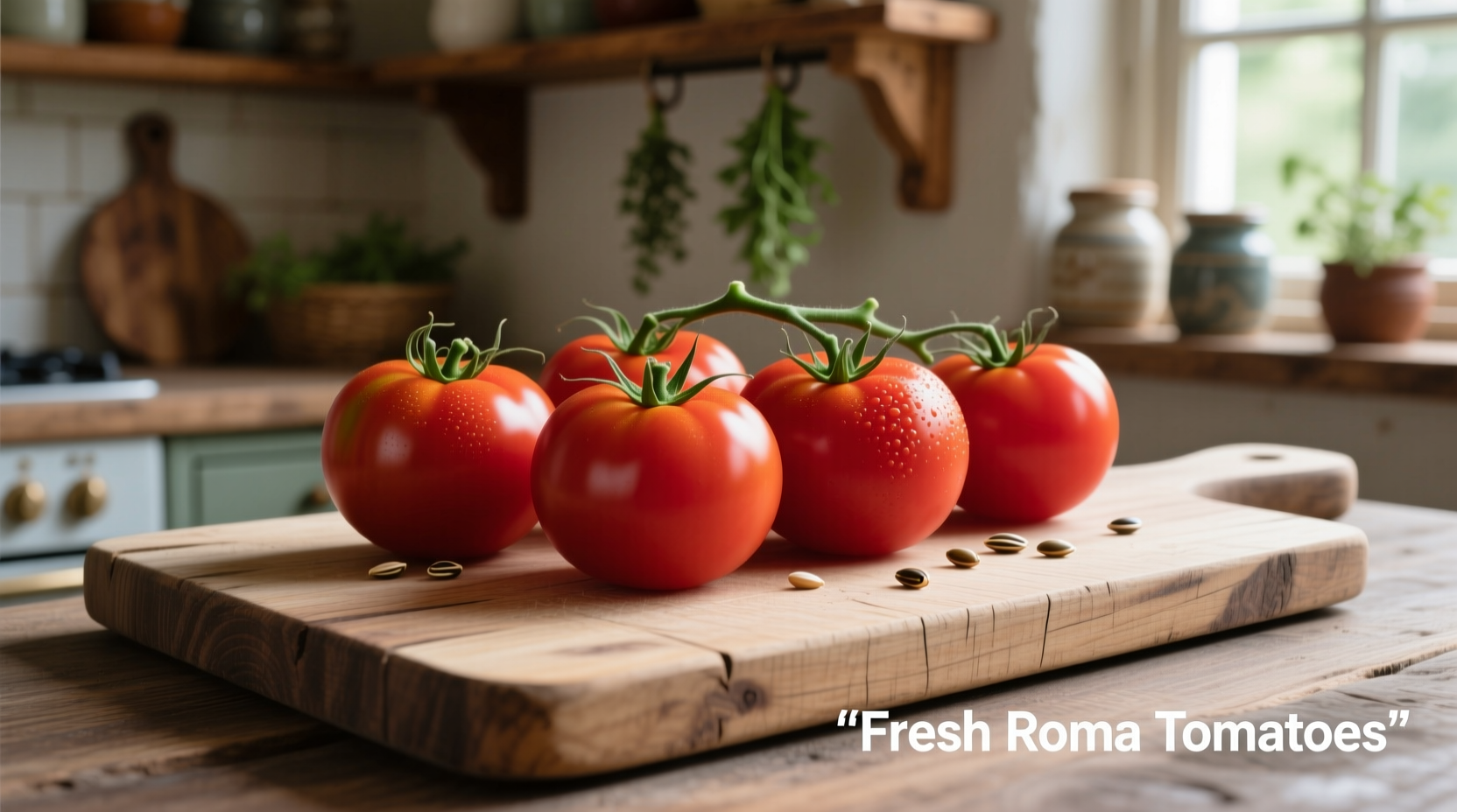Roma tomatoes arranged on wooden cutting board