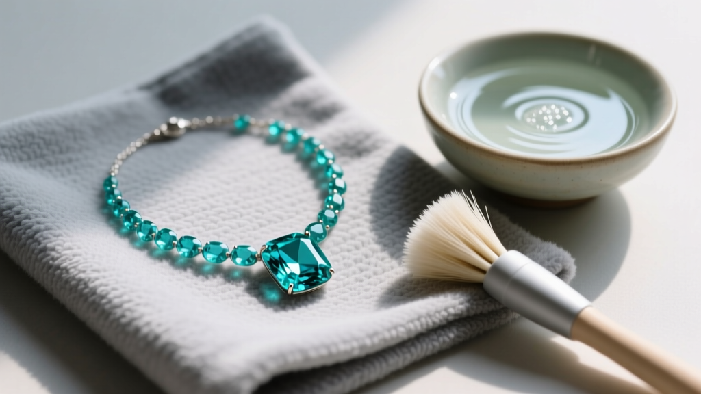 Turquoise gemstone necklace resting on a gray microfiber cloth beside a small bowl of mild soapy water and a soft cleaning brush.