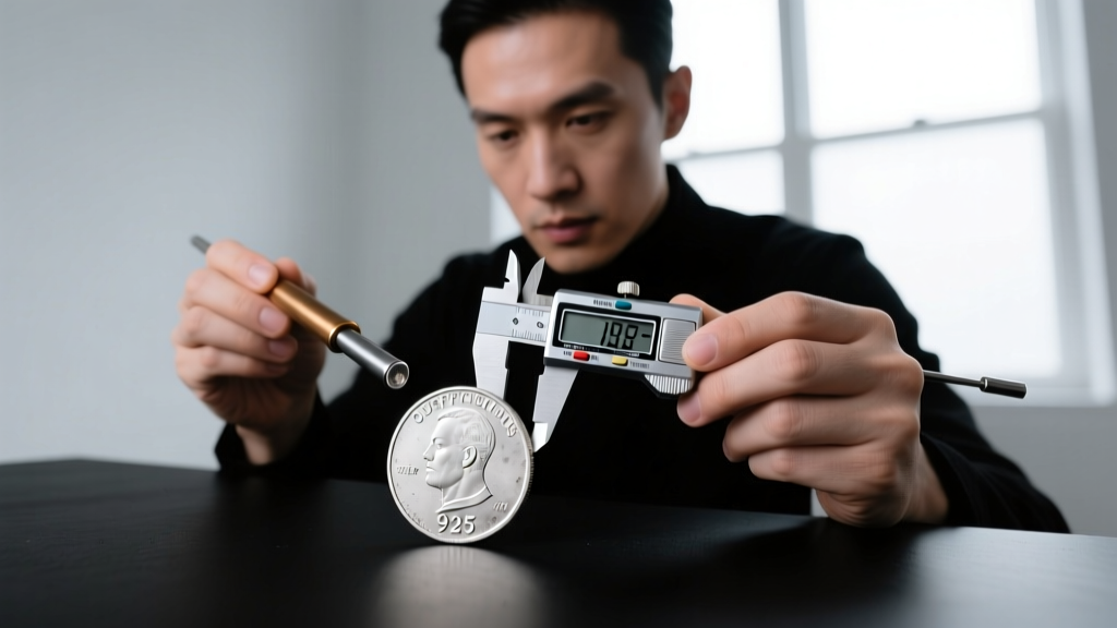 Jeweler using a digital caliper and neodymium magnet to test a suspicious silver coin featuring a faded, laser-etched 925 stamp.