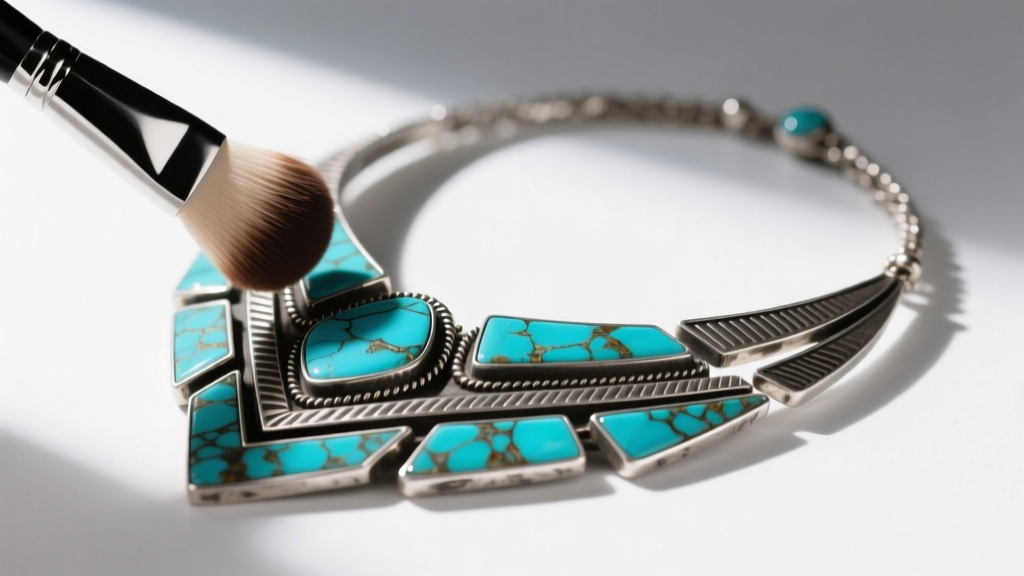 Soft makeup brush dusting crevices of an oxidized silver-plated turquoise statement necklace resting on a clean white surface