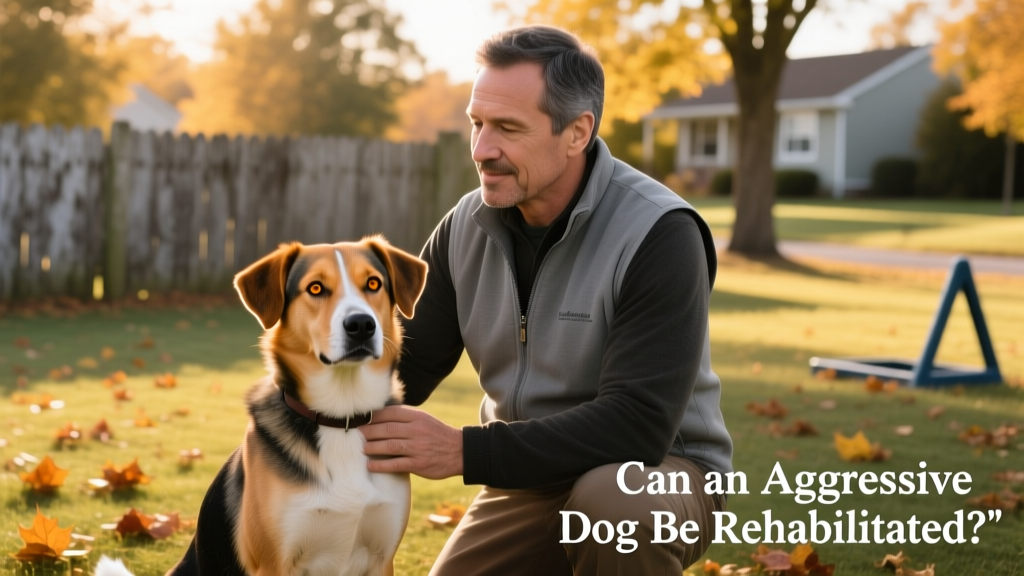 A calm, confident dog sitting beside a trainer in a quiet outdoor setting