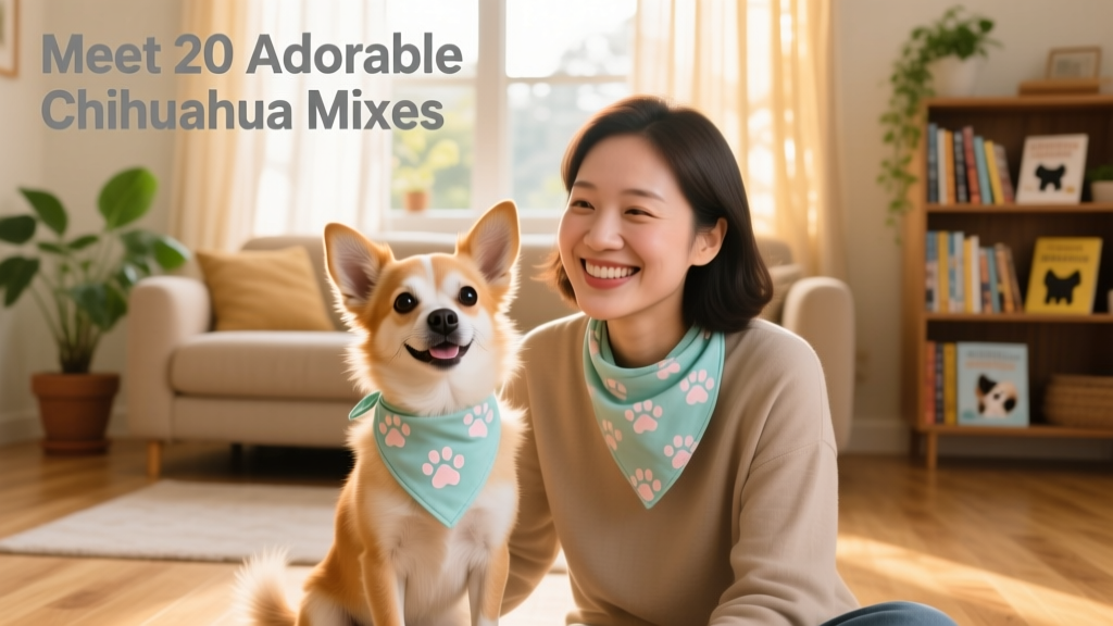 A joyful Chihuahua mix puppy sitting beside a smiling adult, both wearing matching bandanas, in a bright, welcoming living room setting