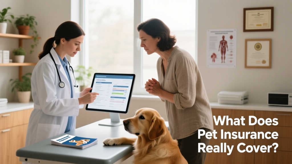 Veterinarian reviewing lab results while pet owner looks on attentively