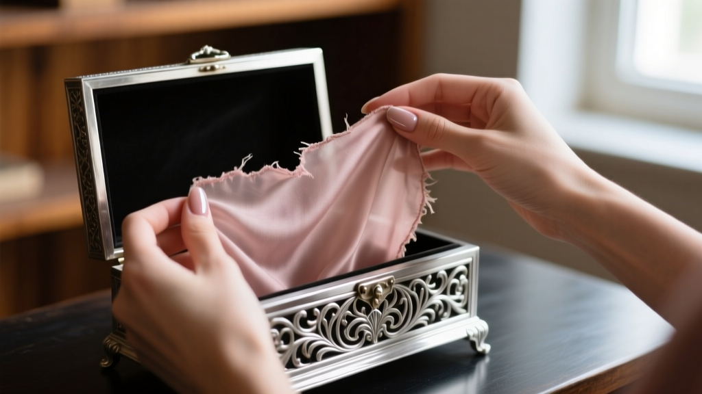 Hands carefully lifting a faded dusty rose silk lining out of a vintage silver-plated jewelry casket to reveal the dark metal base
