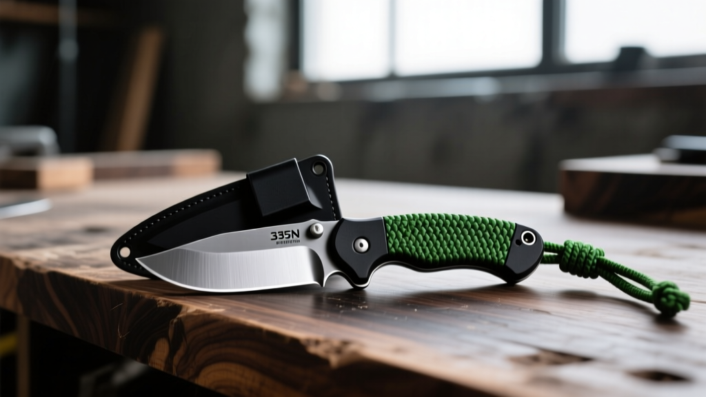 Matte black Kydex sheath holding a compact S35VN steel neck knife with green paracord, resting on a dark wooden workbench surface.