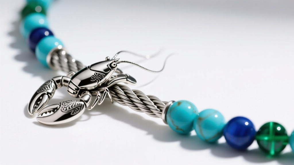 Close-up of a sterling silver lobster clasp attached to a 49-strand coated stainless steel beading wire on a turquoise necklace.