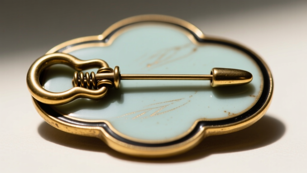 Macro photo of an early 20th-century C-clasp and simple pin stem on the back of an unmarked enamel and gilt-metal vintage brooch.