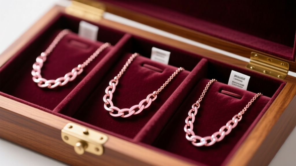 Pink chain necklaces stored in soft velvet pouches inside a lined wooden jewelry box with small anti-tarnish strips clearly visible