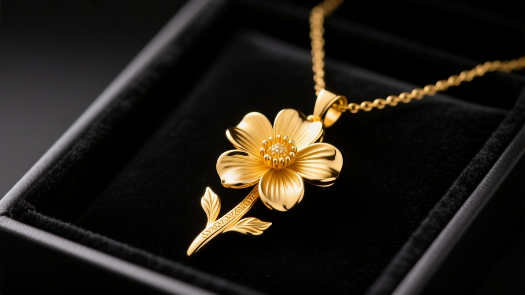 Solid 14k yellow gold marigold flower pendant necklace resting on a dark velvet appraisal tray under warm focused studio lighting