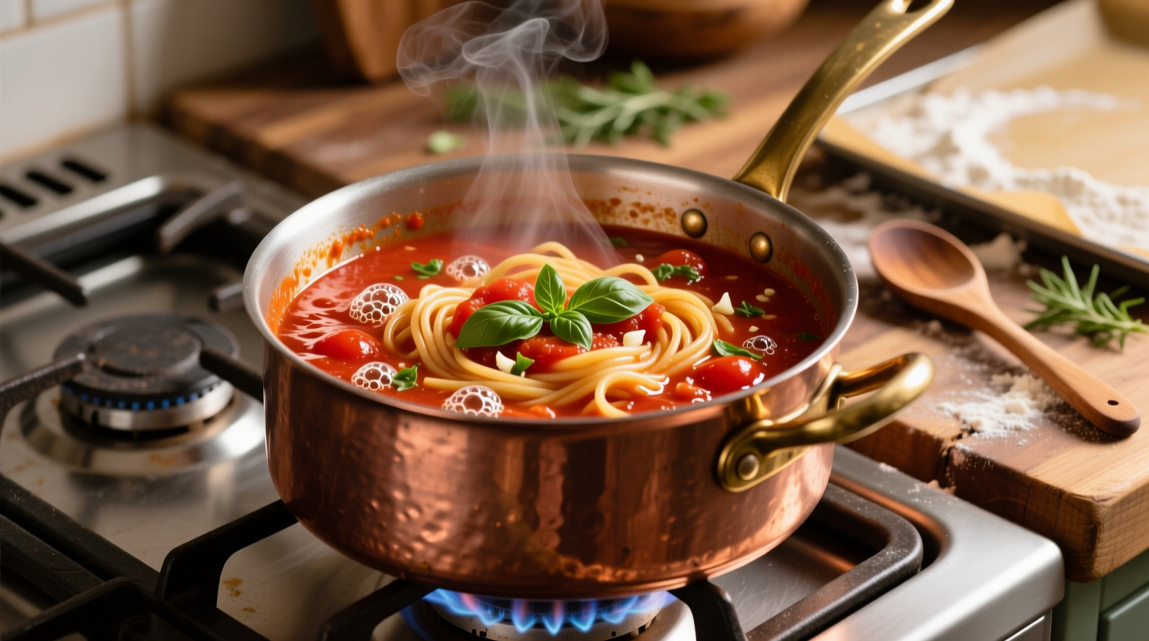 Fresh tomato pasta sauce simmering in copper pot