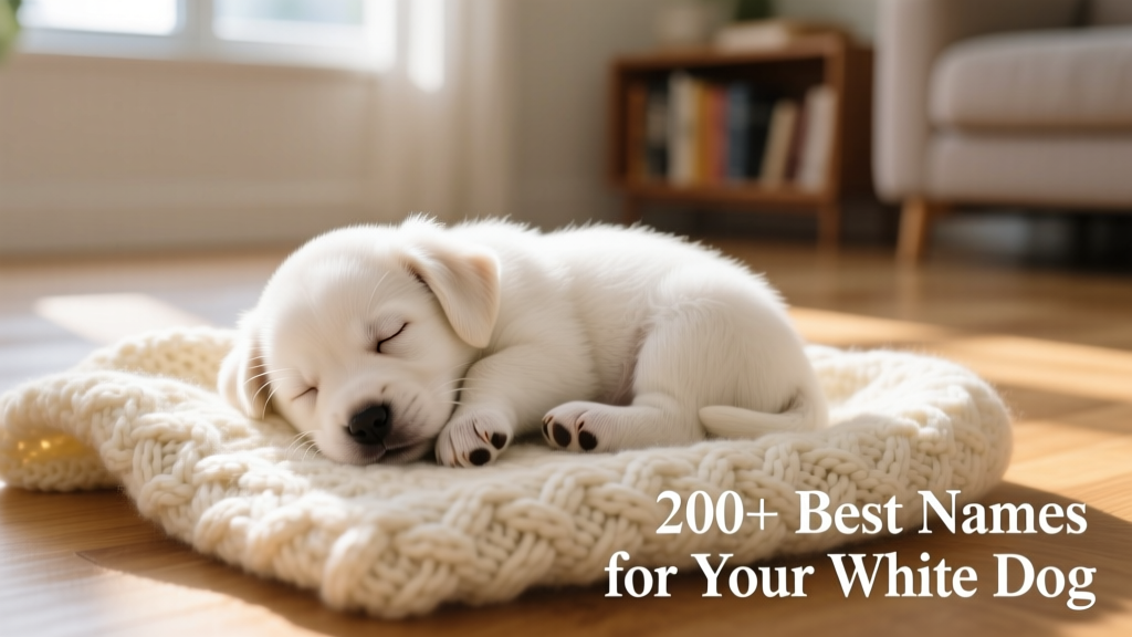 A tiny white puppy curled up on a knitted blanket, eyes closed peacefully