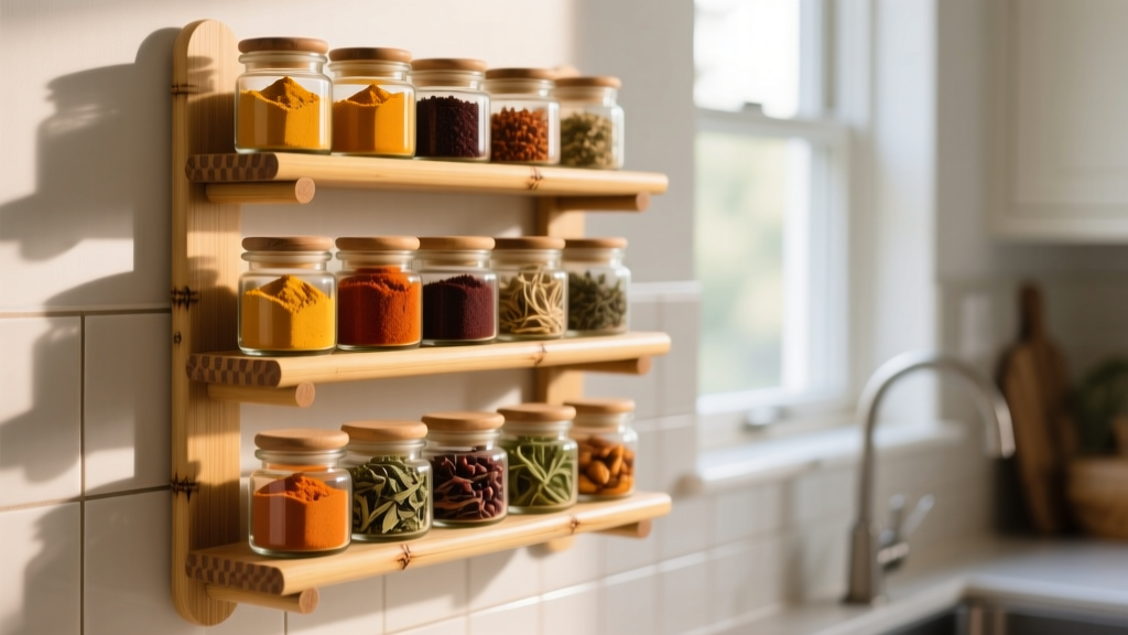 Tiered organic bamboo spice rack mounted on a kitchen wall holding glass jars of colorful turmeric, smoked paprika, and herbs