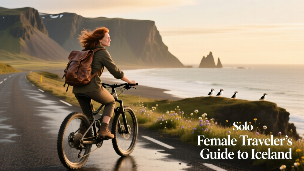 Solo female traveler biking along a quiet coastal road in Iceland with mountains and ocean in view