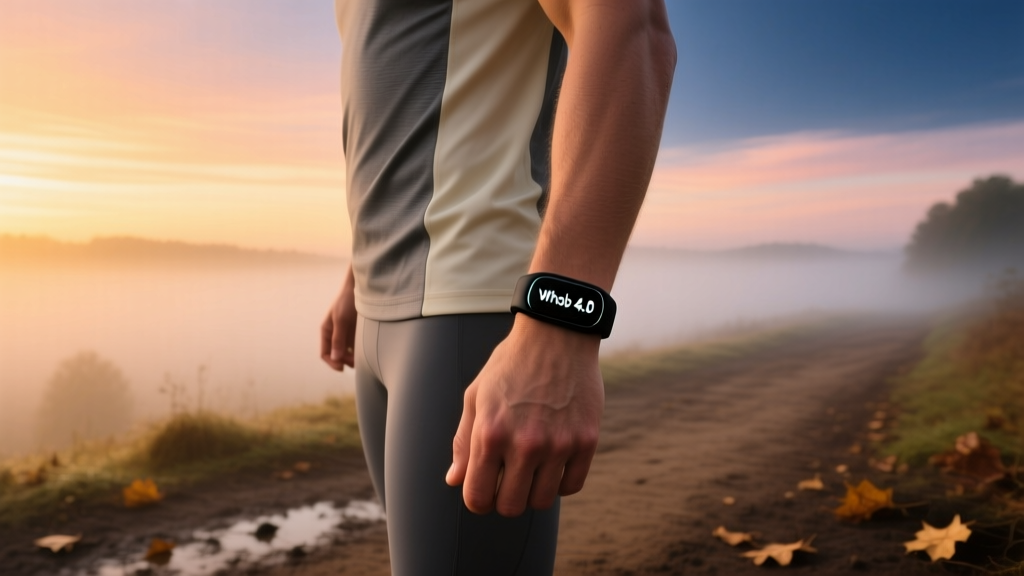 Close-up of a runner checking the black Whoop 4.0 band on their wrist while standing on a foggy dirt trail at sunrise