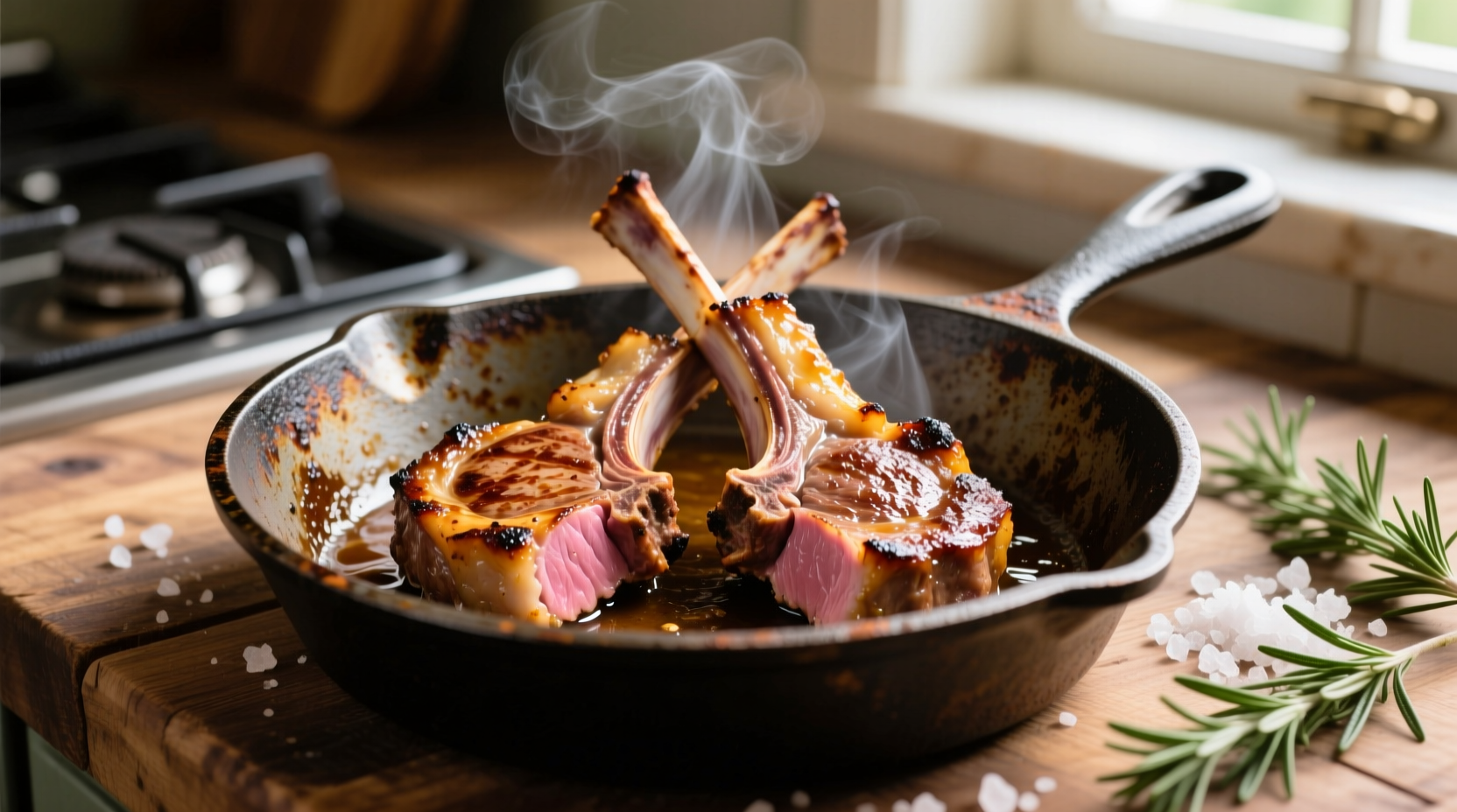 Perfectly seared lamb chops on oven-safe skillet