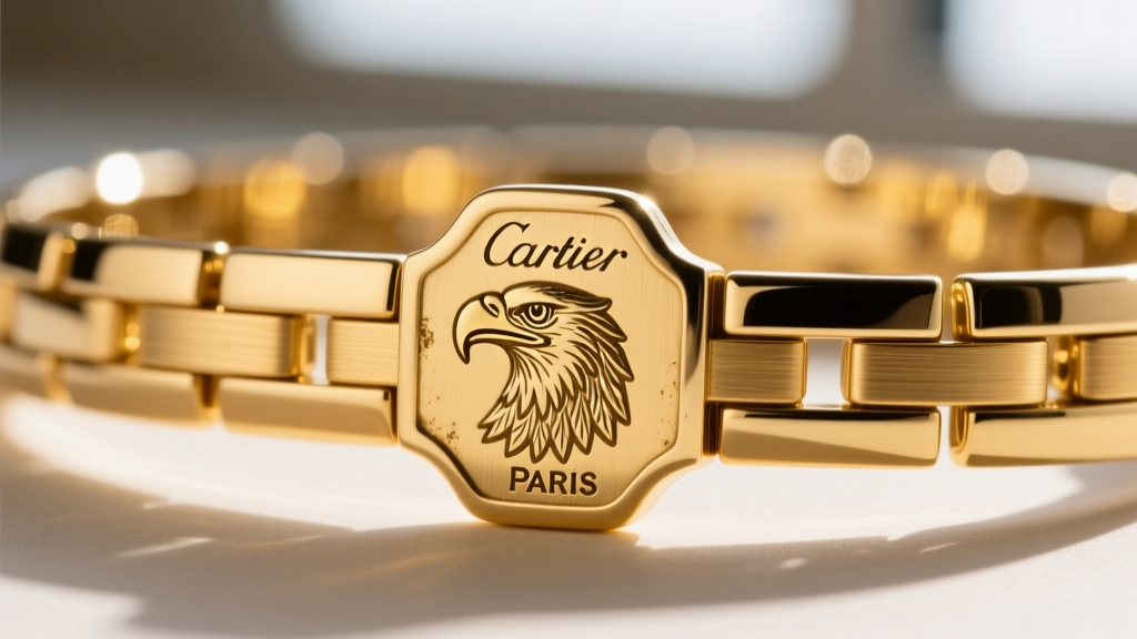 Macro photograph of a vintage Cartier Paris hallmark and eagle head stamp on an 18k yellow gold articulated bracelet clasp detail