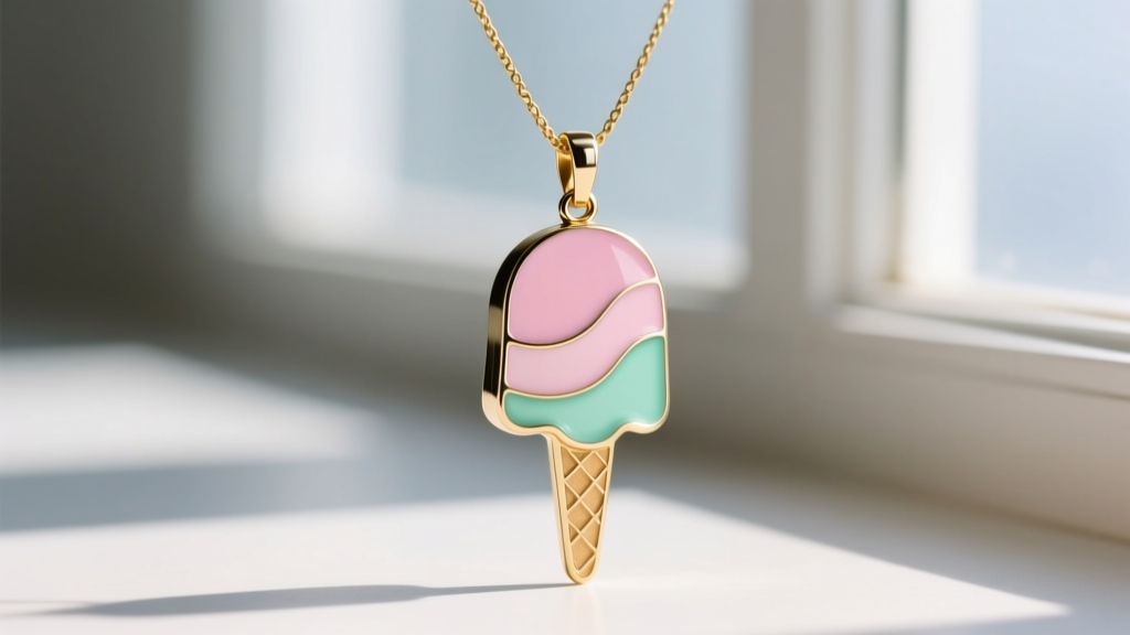 Macro shot of a champlevé enamel ice cream pendant in pastel pink and mint green, hanging from a 1.5mm gold cable chain clasp