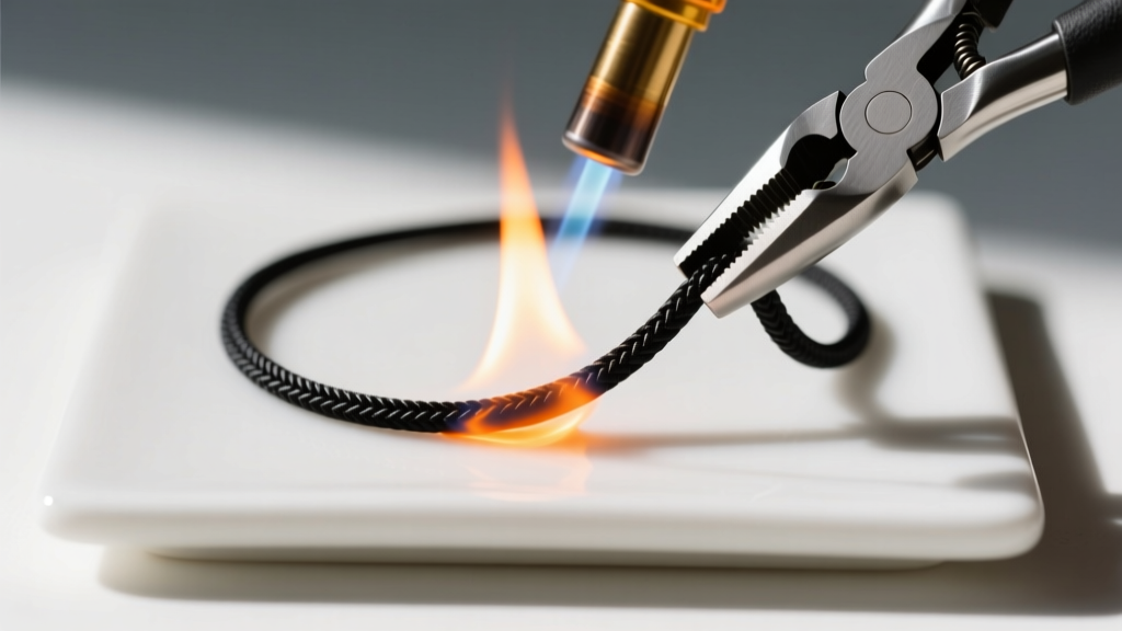 Butane torch melting the tip of a black nylon necklace cord, with flat-nose pliers holding the cord steady on a white ceramic mat.