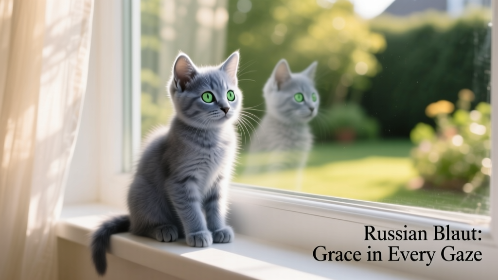 small russian blue kitten sitting on a white window ledge looking out the window
