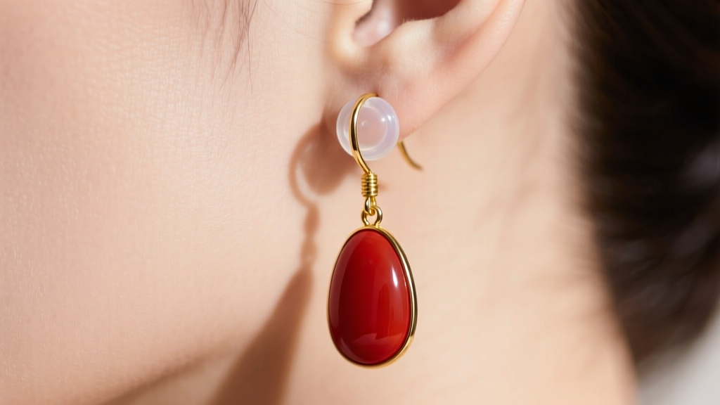 Red stone cinnabar drop earrings supported by clear silicone earlobe pads and gold French wire hooks against soft skin.