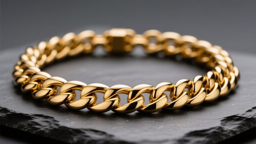 Close-up of a thick 10mm 14k yellow gold Cuban link necklace resting on a dark slate surface, catching warm studio lighting
