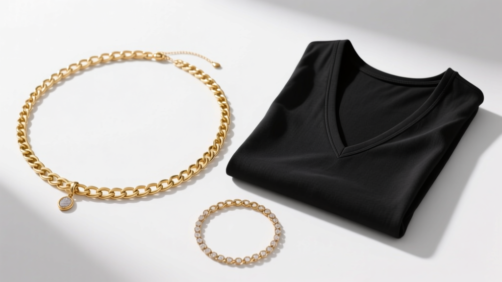 Flat lay board showing a 24-inch gold lariat and 18-inch princess chain arranged neatly next to a folded black V-neck cotton top.