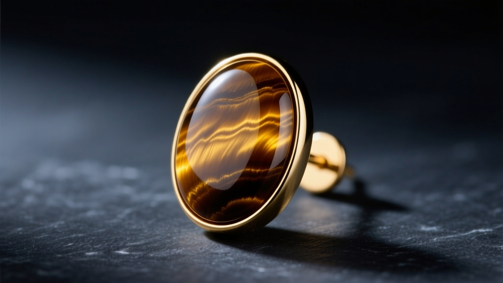 Macro shot of polished tiger eye cabochon earring in matte 14k yellow gold, showing golden-brown chatoyancy against dark slate.