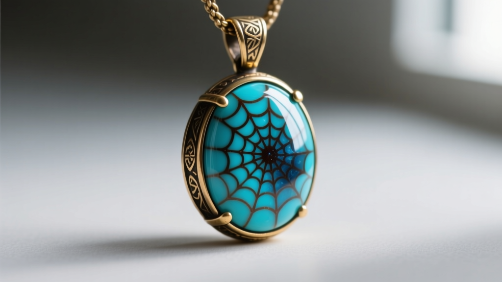 Macro photography of a polished turquoise cabochon set in a brass pendant, highlighting dark brown spiderweb matrix patterns
