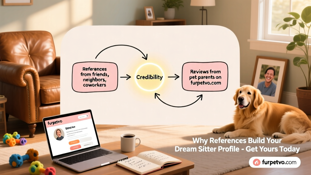An illustrated flowchart showing how references (from friends, neighbors, coworkers) and reviews (from pet parents on furpetvo.com) combine to build credibility on a sitter's profile