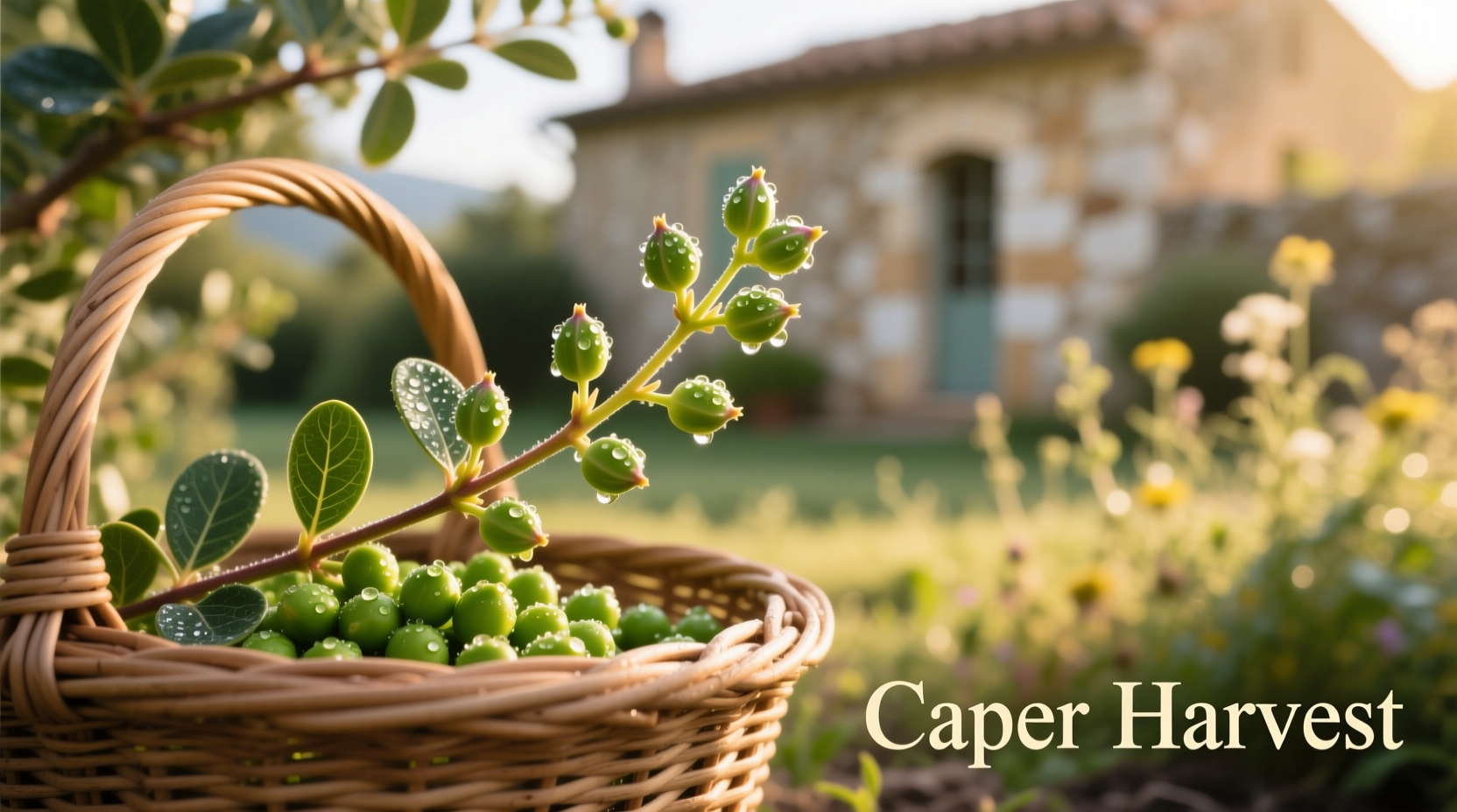 Fresh caper buds on plant with harvesting basket