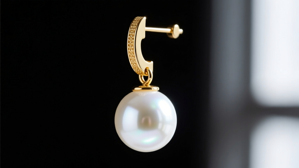 Close-up of Celine drop earring with luminous white glass pearl on a gold-plated brass clasp against a dark velvet backdrop