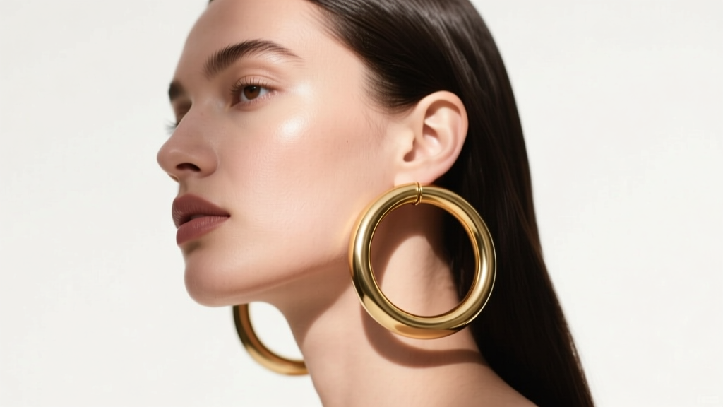 Model wearing large lightweight hollow gold tube hoop earrings, showcasing the empty interior hole against soft studio lighting
