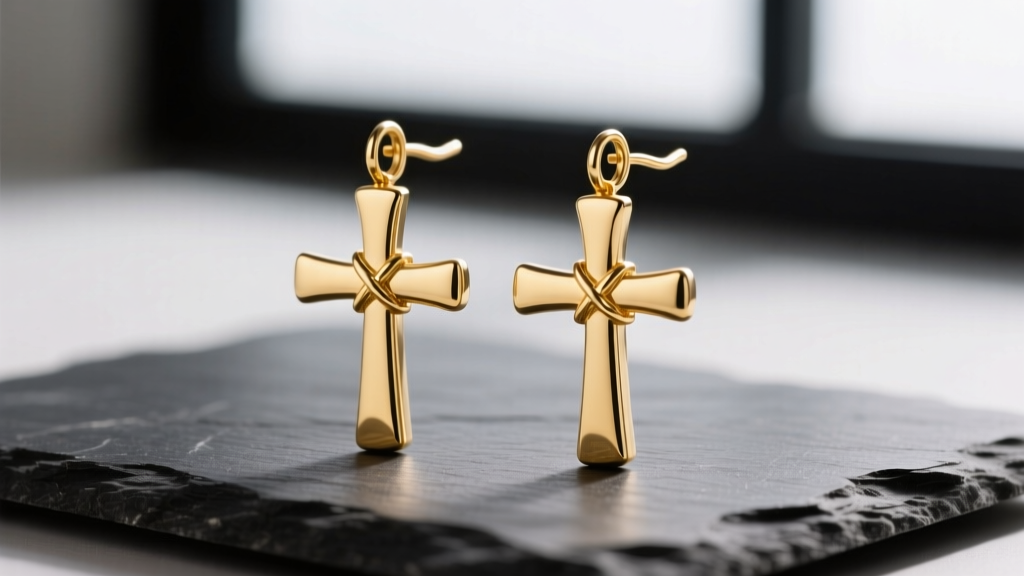 Close-up of 14k solid gold long cross earrings on dark slate, showing solder joints and 20-gauge ear wires under soft lighting
