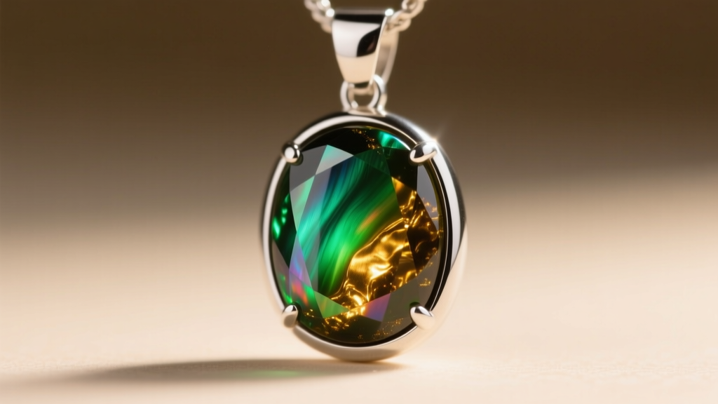 Macro shot of a rainbow obsidian pendant in a silver bezel, revealing vibrant green and gold sheen inclusions under bright light.