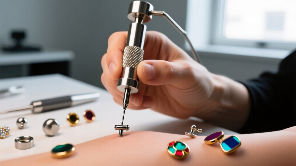 Professional piercer using a metal gauge wheel to measure a titanium labret stud, with various earring backs scattered nearby