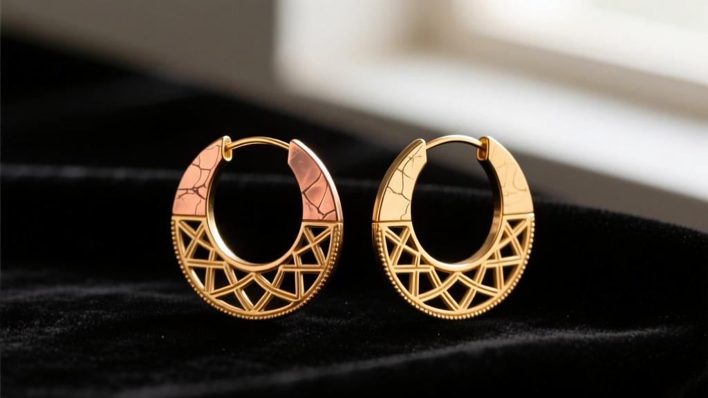 Close-up of ornate 14k Mexican gold hoop earrings on dark velvet, highlighting warm copper tones and traditional hammered textures.